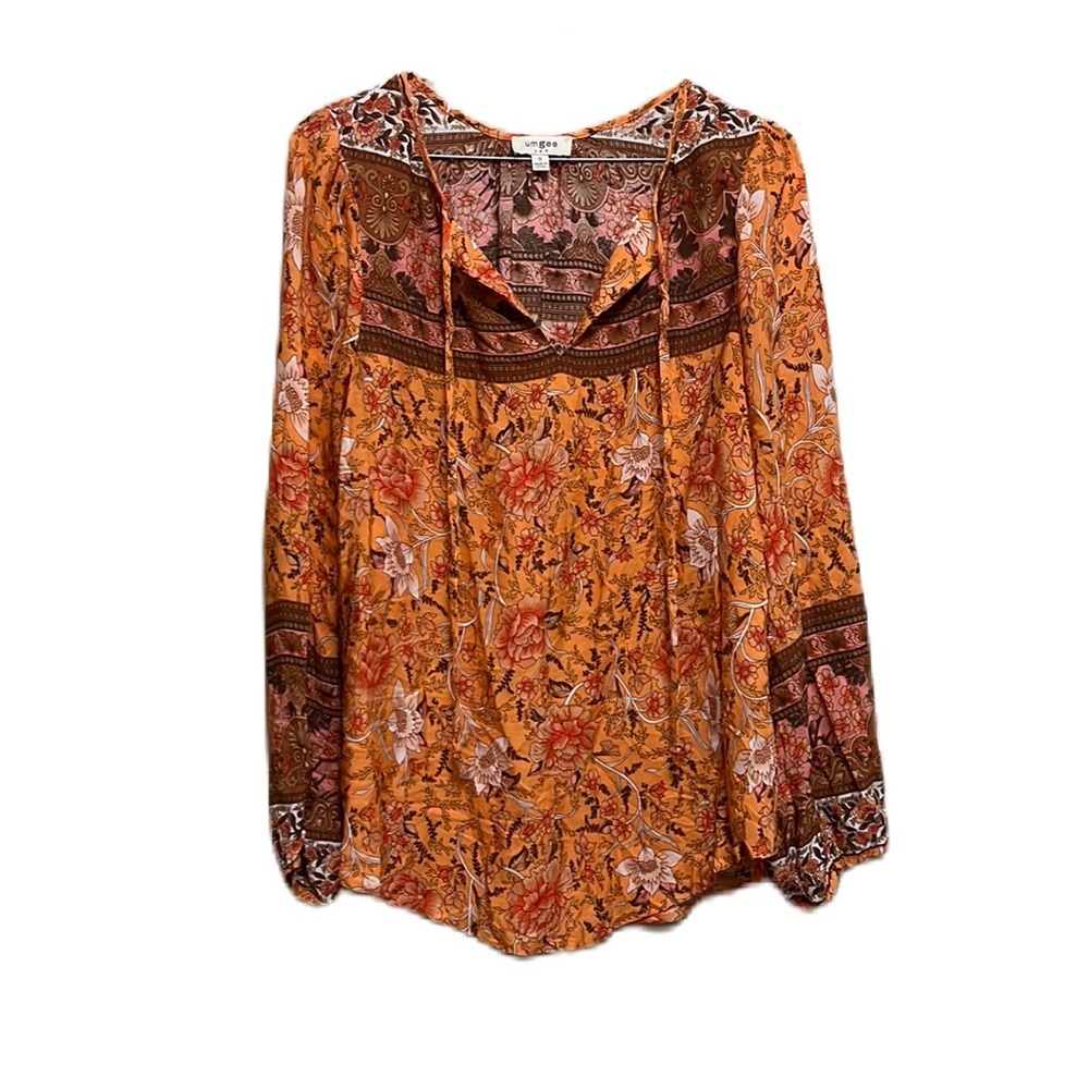 Women’s UMGEE, Bishop Sleeves, Floral, Ditsy, Tie Up Front Top, Multi Colors, Sm